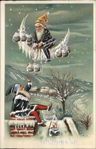 New Year's Gnome Money Bags Roof Embossed c1900s-10s Postcard