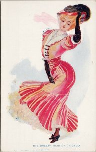 The Breezy Maid of Chicago Classy Blond Woman Red Dress Rose Company Postcard H3