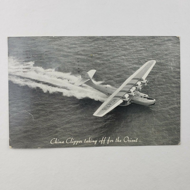 Pan Am American Airlines China Clipper Taking Off for Orient Plane 1936 Postcard