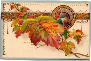 Postcard Thanksgiving   gilded leaf border turkey