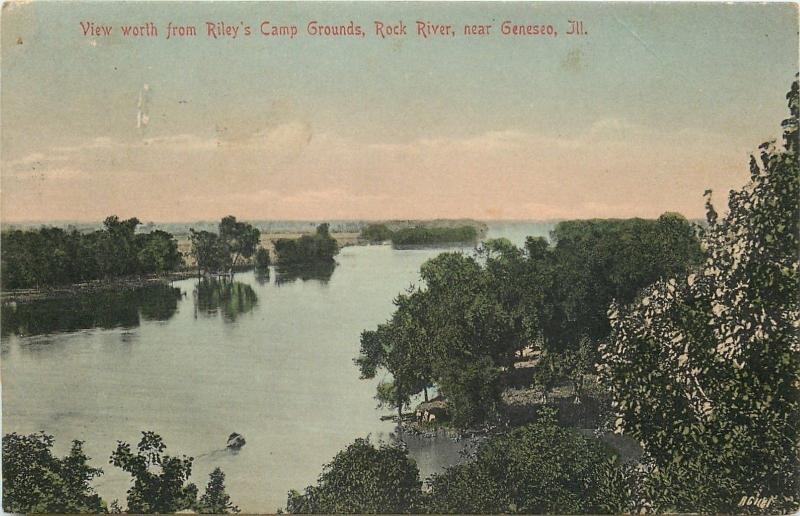 Genesco Illinois~Handcolored Riley's Campgrounds~Rock River~Sunset~1910 