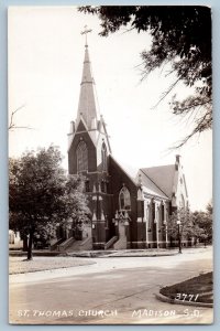 Madison South Dakota SD Postcard RPPC Photo St. Thomas Church Scene Street c1940