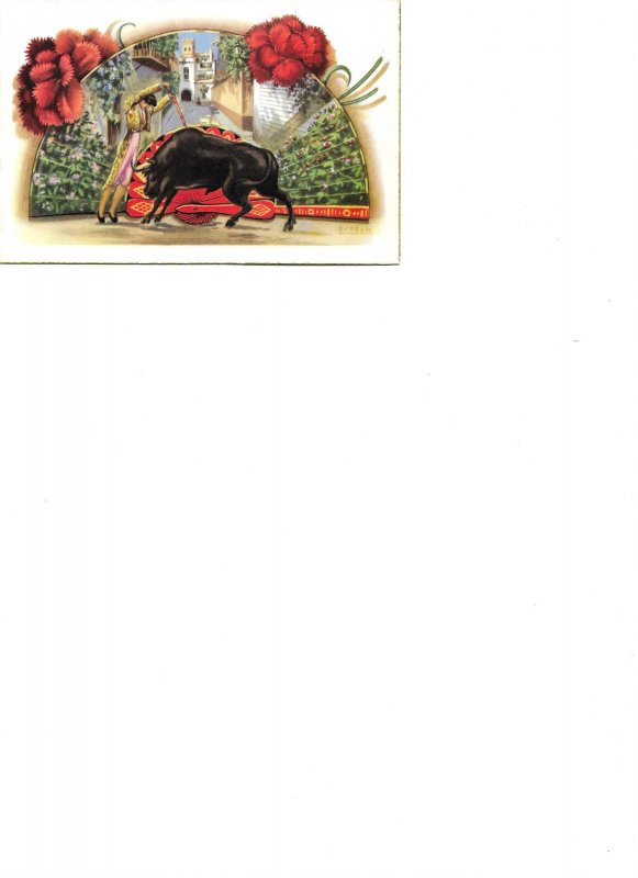 Bullfighting scene. Fan. Sevilla Vintage Spanish postcard. Size 14 x 9 cms.