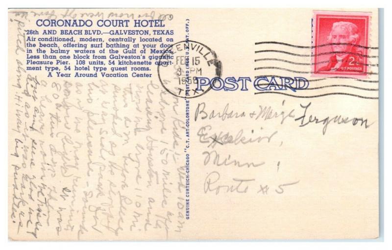 1956 Coronado Court Hotel on the Beach, Galveston, TX Postcard *5E4