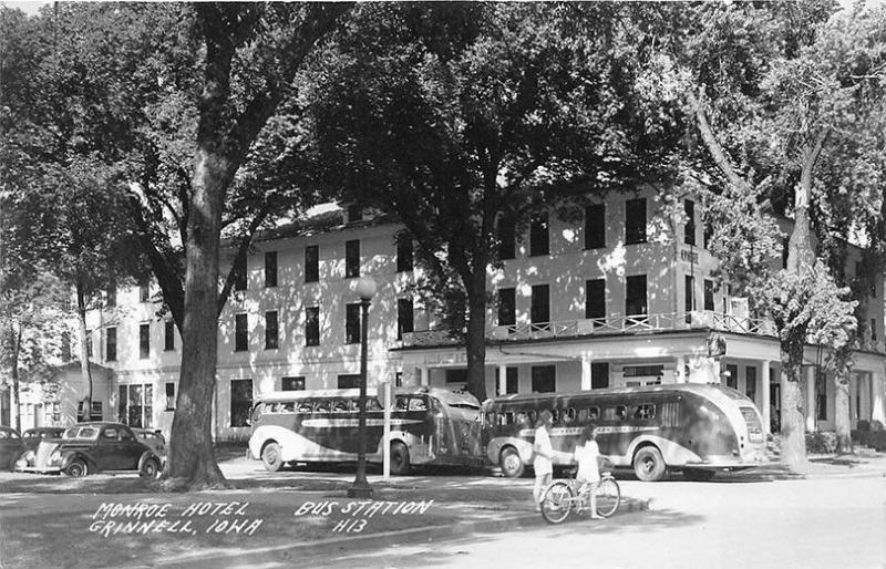 Grinnell IA Greyhound Bus Stop Monroe Hotel RPPC Postcard 