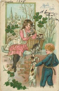 Holidays & celebrations embossed seasonal greetings New Year cat dog shamrock