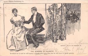 THE WONDERS OF PALMISTRY~HE IS TOLD HE WILL MARRY A BLONDE~ROMANCE POSTCARD 1908