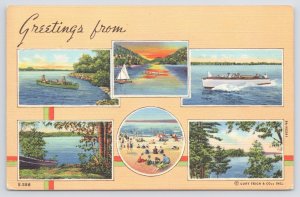 Linen~Greetings From Blank~Six Beautiful Ocean & Lake Scenes~Peach Bkgd~Vtg PC