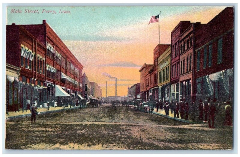 1909 Main Street Exterior Building Street Perry Iowa Vintage Antique IA Postcard