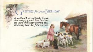 bLittle girl with dogs. Horse Tuck Gem Glosso Birthday Greetings Ser PC #