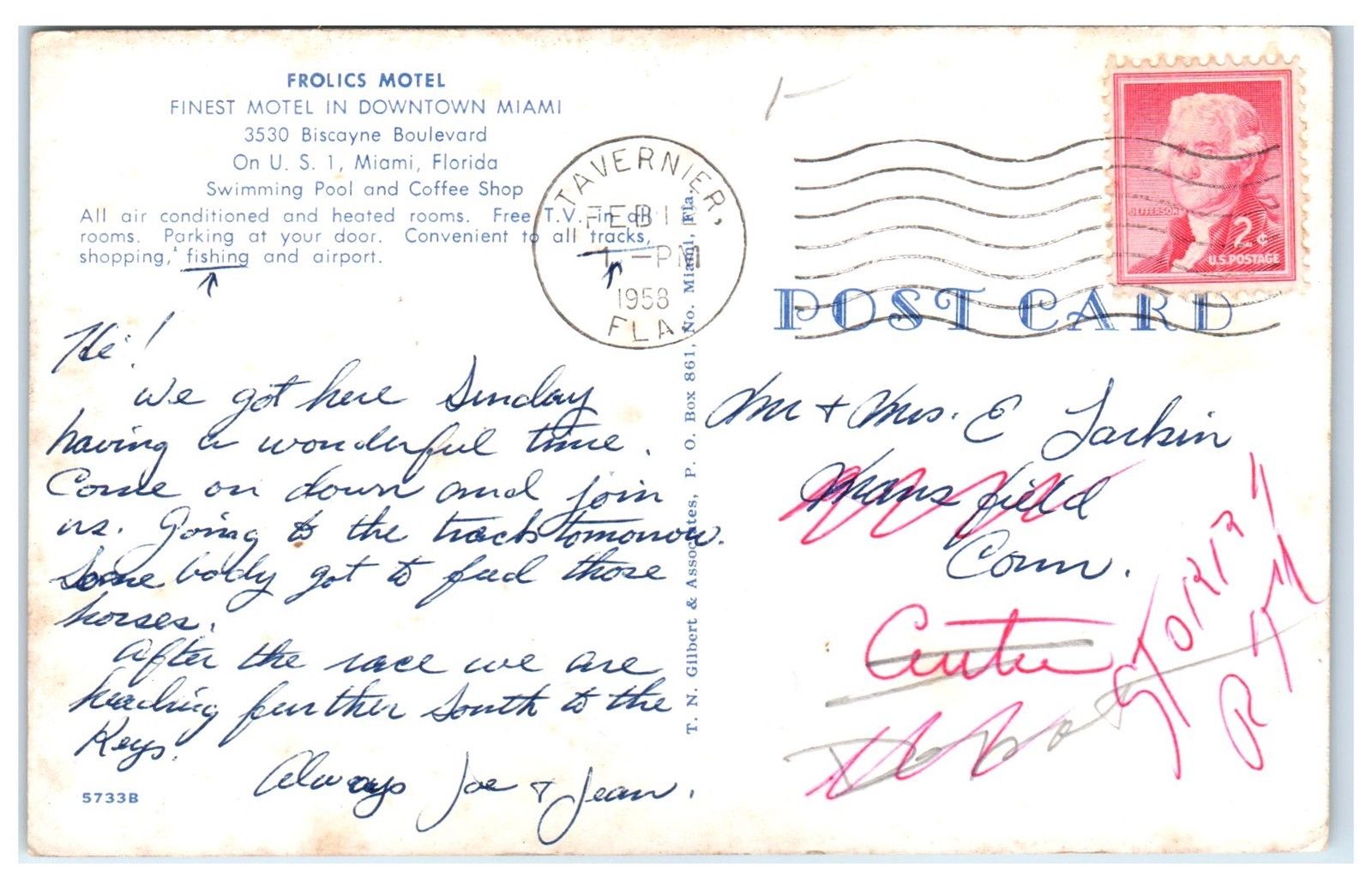 1958 Frolics Motel and Coffee Shop, Miami, FL Postcard United States