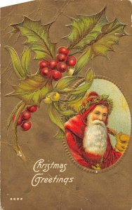 F85/ Santa Claus Merry Christmas Postcard c1910 Holly Gold 14