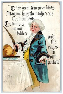 1910 Thanksgiving Old Woman Chop Turkey On Table Embossed Antique Postcard 