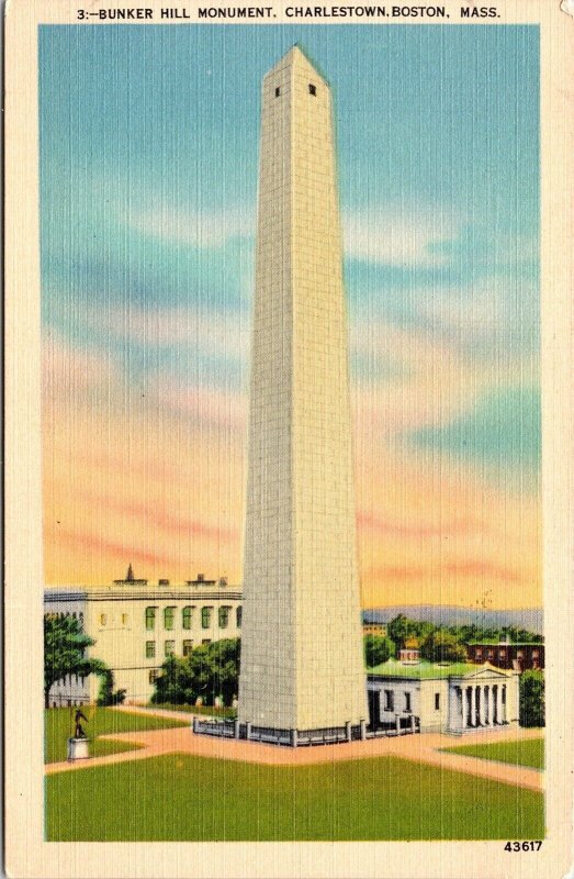 Bunker Hill Monument Charlestown Boston Massachusetts MA Linen Postcard UNP VTG 