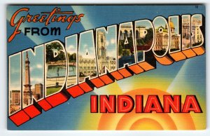 Greetings From Indianapolis Indiana Postcard Large Letter Linen Tichnor Unused