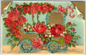 c1900s Beautiful Congratulations Gold Car Auto Flower Heavy Detail Embossed A80