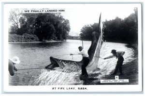 Fife Lake Saskatchewan Canada RPPC Photo Postcard Catching Giant Fish c1920's