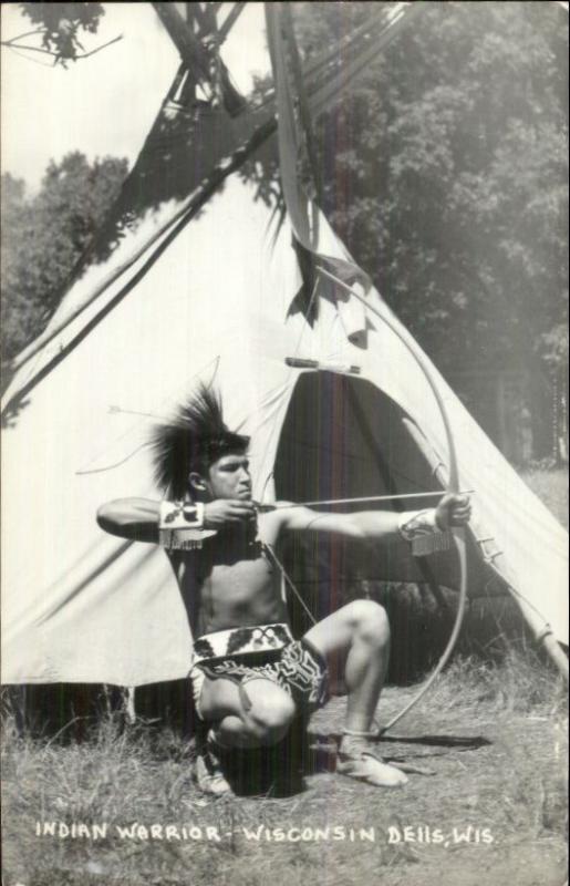 Indian Warrior Drawn Bow & Arrow Tepee Wisconsin Dells RPPC Postcard rpx