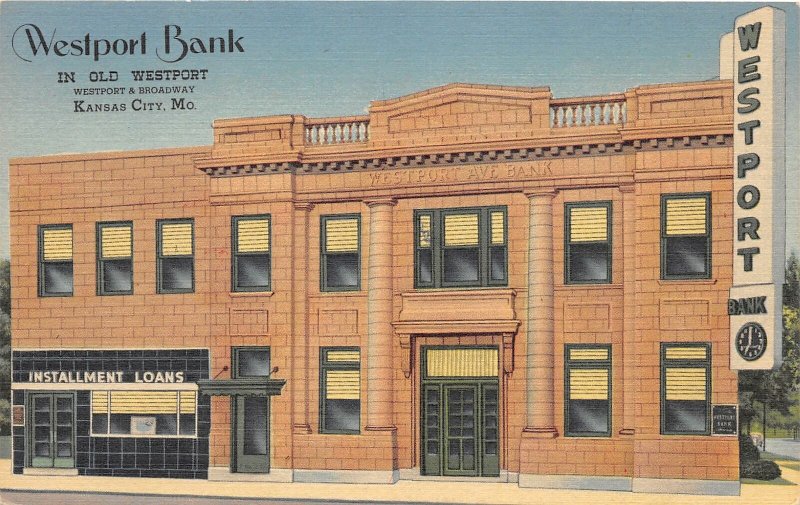 H20/ Kansas City Missouri Postcard Linen Westport Bank Building Loans