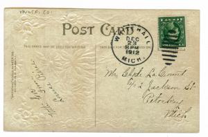 Whitehall to Petoskey, Michigan 1912 used, embossed Christmas Postcard