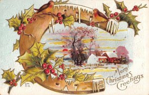 Good luck horseshoe c-44 N embossed christmas postcard ac158