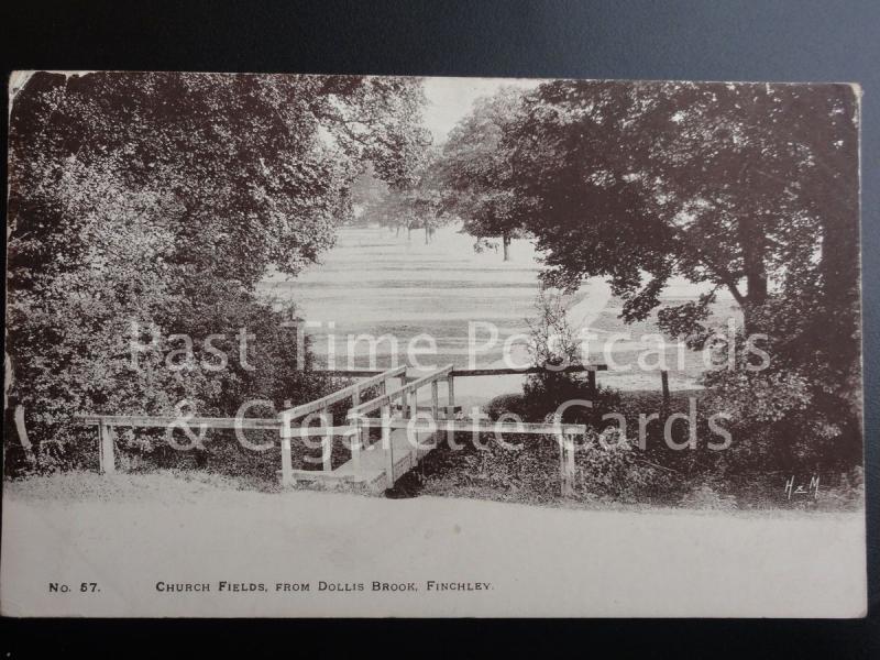 London: Finchley, Church Fields from Dollis Brook c1904 shows wooden foot bridge