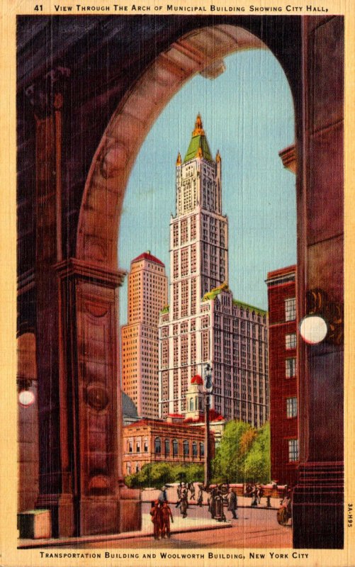 New York City View Through Arch Of Municipal Building Showing City Hall Trans...