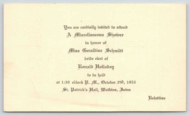 Watkins Iowa~Bridal Shower Invite~Geraldine Schmidt Ronald Holladay~1955 Postal  