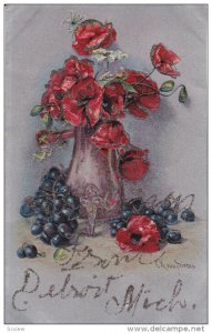 AS; Still Life, Red Poppies in vase, blueberries, glitter detail, Greetings f...