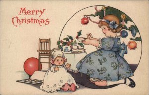 Christmas Stecher Ser 734A Little Girl with Doll Tea Set Vintage Postcard