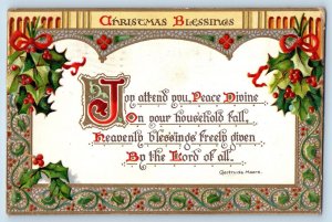 Owatonna MN Postcard Christmas Blessing Text Gertrude Moore Holly Berries Tuck
