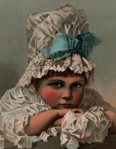 Vintage 1890's Victorian Art Insert Blonde Girl White Bonnet Blue Bow 14 x 10