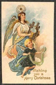 MERRY CHRISTMAS HOLIDAY ANGELS HARP MUSIC EMBOSSED POSTCARD (c. 1910) PD