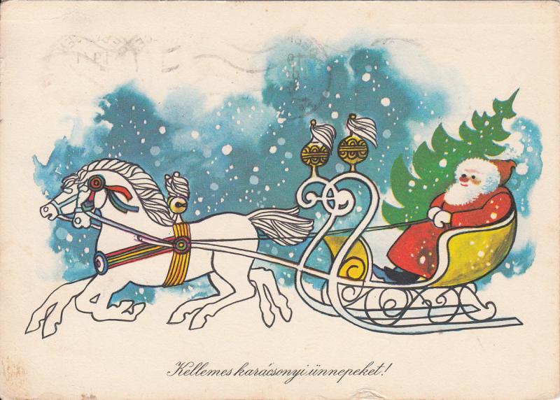 Santa Claus horses sledge Christmas fantasy 1971 postcard, Hungary