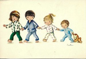 Little children, and their dog, playing Old vintage Spanish, artist signed PC