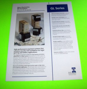 MARS ELECTRONICS BILL ACCEPTOR VENDOR GL SERIES ORIGINAL NOS SALES FLYER