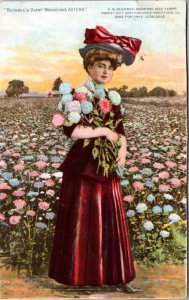 Postcard advert IL Rockford - Woman Holding Buckbee's Giant Branching Asters