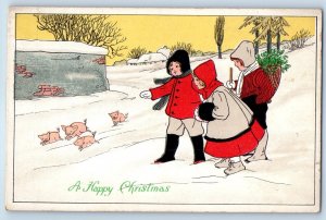 c1910s Christmas Children Seeing Piglets On Winter Scene Berries Basket Postcard
