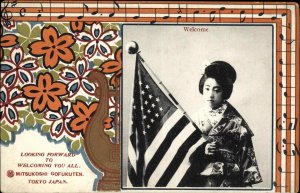 Japanese Geisha Woman American Flag Art Border Naval Fleet Welcome Tokyo 