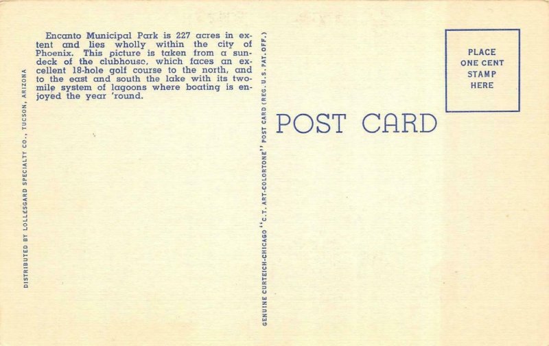 PHOENIX, Arizona AZ   ENCANTO PARK   Boat Rentals~Lake   c1940's Linen Postcard