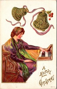 Christmas Postcard Woman Playing Piano Gold and Green Bells