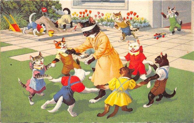 F60/ Alfred Mainzer Dressed Cats Postcard c1940s Playground Blindfold 24