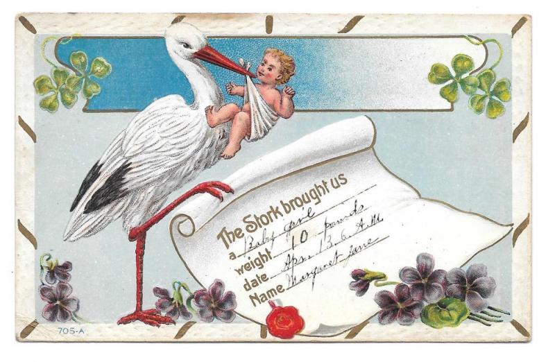 Birth Announcement Stork with Baby Postcard Shamrocks