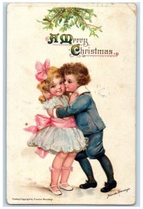 Christmas Children Kissing Under Mistletoe Brundage Minneapolis MN Postcard