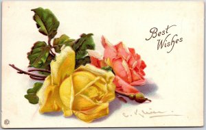Blooming Orange & Yellow Rose Flowers, Best Wishes Greetings, Vintage Postcard