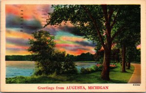 Postcard Michigan Greetings from Augusta at Dusk NYCE Landscapes LINEN 1944 V182