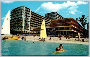 Vtg Honolulu Hawaii HI Waikiki Reef Hotel Resort View From Ocean Beach Postcard