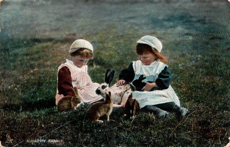 Children Two Young Girls Playing With Rabbits A Happy Family 1907 Tucks "...