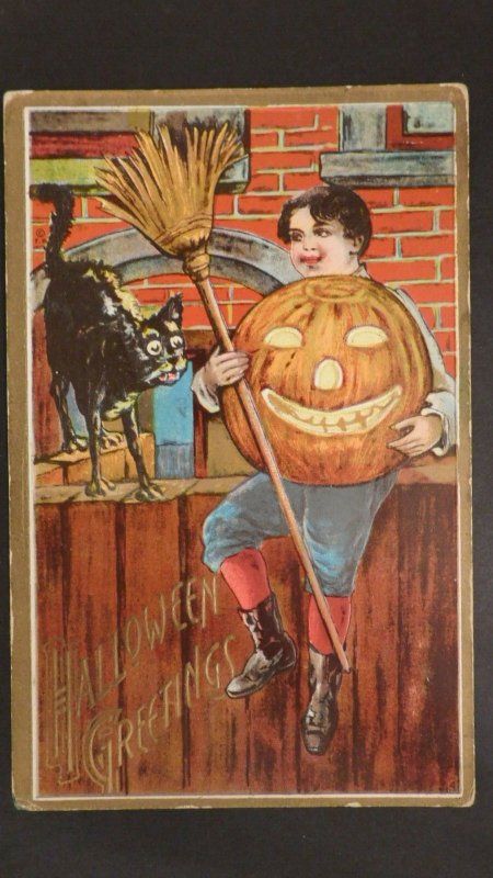 Mint Halloween Greetings Postcard Boy on Fence with Black Cat Holding Pumpkin