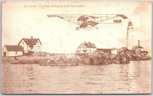 Small Biplane Flying Around Boston Lighthouse - Boston, MA - Vintage Postcard